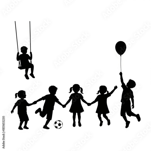 Silhouette of children playing together with a soccer ball and balloon