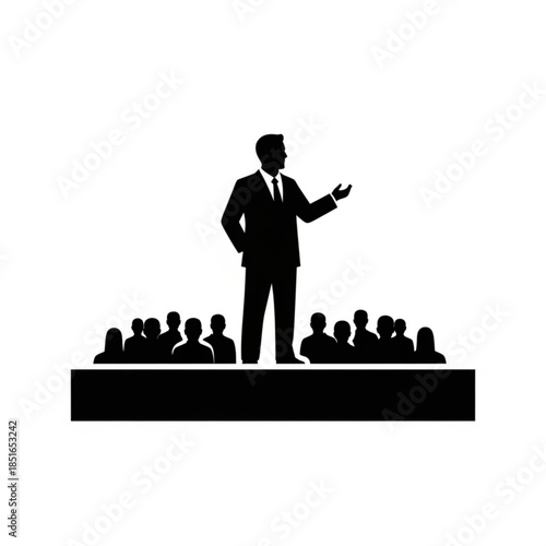 Businessman in silhouette giving a presentation to an audience in a formal setting with a podium