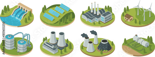 Isometric energy production illustration set showing renewable and industrial power sources, solar, wind, hydro, thermal plants, electricity infrastructure concepts