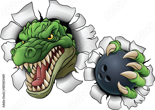 A crocodile, dinosaur or alligator lizard sports mascot holding a bowling ball