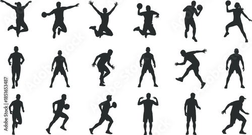 Collection of various athlete silhouettes including handball players jumping and throwing, runners in motion, and active men performing various sports exercises on white background