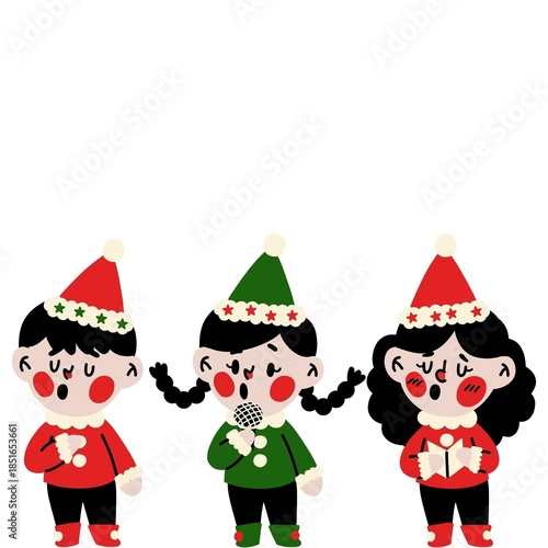 Three cheerful cartoon children singing Christmas carols together