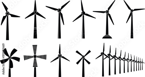 Set of wind turbine silhouettes for renewable energy concept, including various turbine designs, wind farm perspective, and eco friendly power icons isolated on white