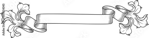 A scroll with filigree medieval crest coat of arms heraldic style pattern motif. In a vintage woodcut etching style.