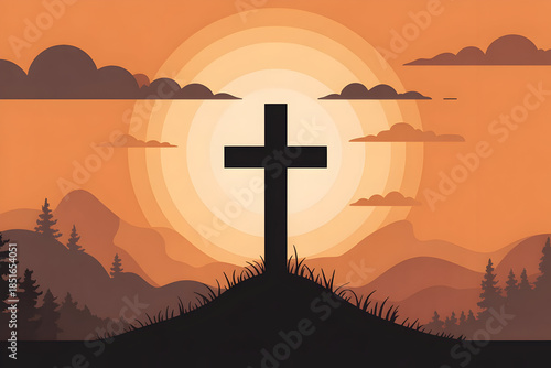 A serene christian cross silhouette at sunset with mountains