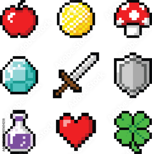 Pixel art game icons set with apple coin sword heart potion mushroom clover shield diamond retro 8 bit style isolated background