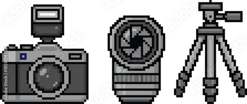 Pixel art photography equipment icons set with camera, lens, and tripod, retro digital style, creative media tools, isolated white background