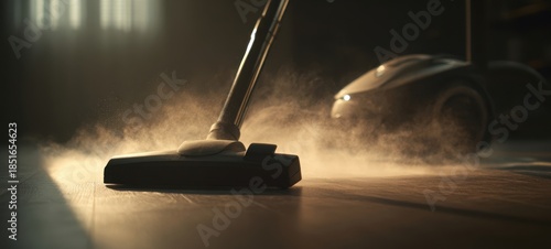 The Vacuum Cleaner Gliding Across Sunlit Hardwood Floor Lifting Dust in Morning Light