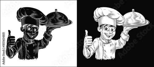 Black and white vintage woodcut style illustration of cheerful chef presenting a cloche platter tray plate. For restaurant branding, menu design, or culinary themed packaging.