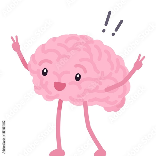 Cute cartoon brain character with peace signs and excited expression