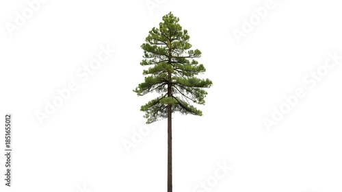 A single green pine tree with lush foliage and branches is isolated on a white background to represent nature, gardening, and a growing forest environment during the spring and summer seasons