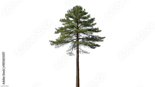 A single green evergreen pine tree with natural foliage and branches is isolated on a white background to represent a 3d summer forest plant