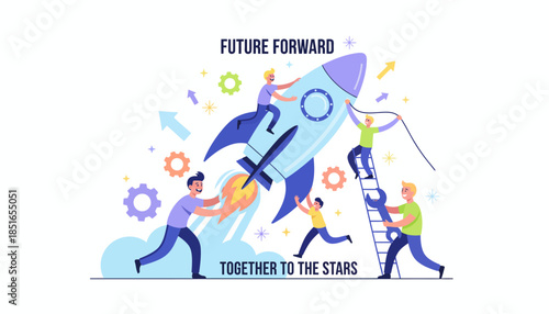 Successful Team Launching Startup Rocket: Future Forward Together