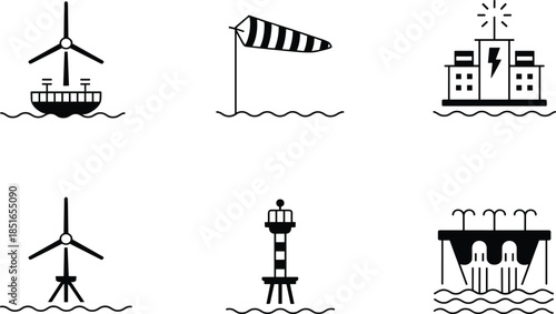 Minimalist black and white marine energy icons set showing wind, wave, tidal power structures, coastal infrastructure, renewable electricity symbols