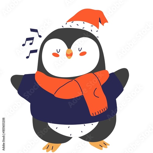 Adorable penguin wearing Santa hat and scarf singing Christmas song