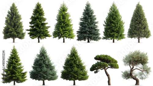 Set of isolated evergreen fir and pine trees in a snowy winter forest landscape with green spruce branches for Christmas holiday nature vector illustrations