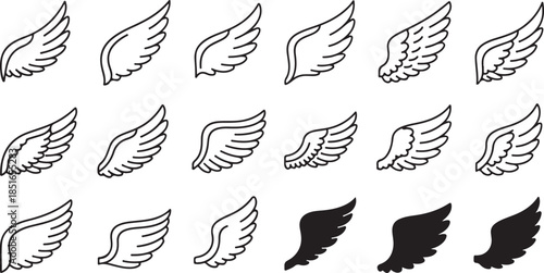 Doodle outline sketch angel wings. Angel feather wing, silhouette. Linear fly winged angels, flying heaven hand drawn doodle vector icons