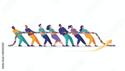 Diverse Team Pulling Rope Together Achieving Growth and Success