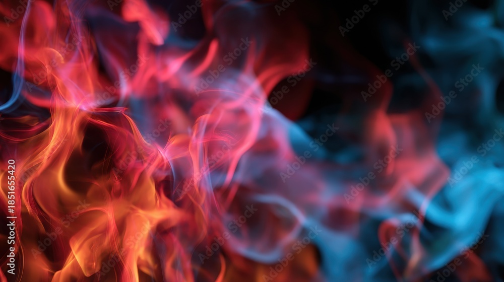 Fototapeta premium Bright colors swirl together in a vibrant mix of red, orange, and blue reminiscent of fire and smoke in a dark setting