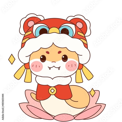Cute cartoon hamster in festive lion dance hat sitting on lotus