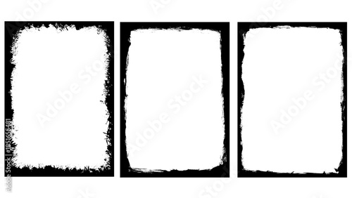 Set of distressed overlay grunge frame silhouette or background with black texture and paint brush stroke for social media banner, poster, flyer or invitation card. Vintage torn paper frame pattern.