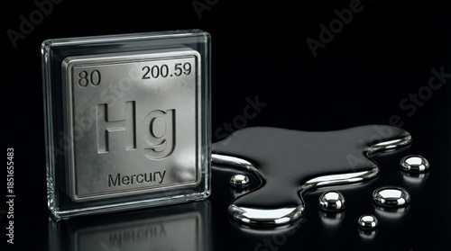 Mercury periodic table tile featuring realistic liquid fluid texture. Shows atomic number, mass, and name. Science chemistry concept.
