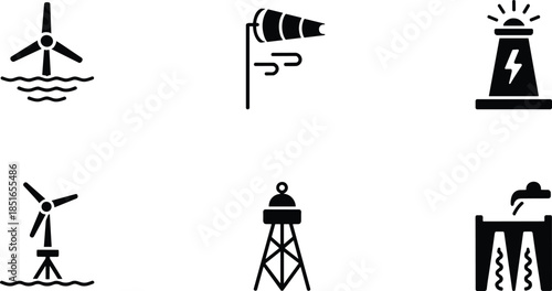 Minimalist black and white marine energy icons set showing wind, wave, tidal power structures, coastal infrastructure, renewable electricity symbols