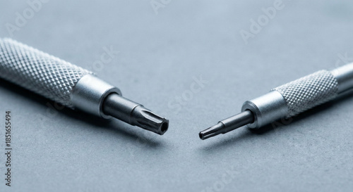 Tiny precision screwdriver on a cool neutral surface, minimalist aesthetic, contemporary tech symbolism.