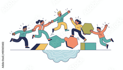 Diverse Team Collaborating to Cross Gap Using Puzzle Pieces