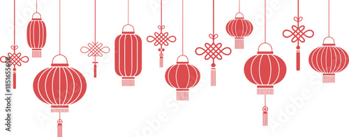 Red Chinese lantern illustration with traditional knots hanging decoration, Lunar New Year festival design, minimal vector style, cultural celebration background