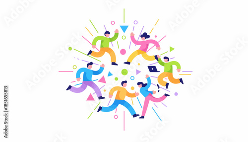 Colorful Running People Celebrating Victory and Energetic Teamwork.