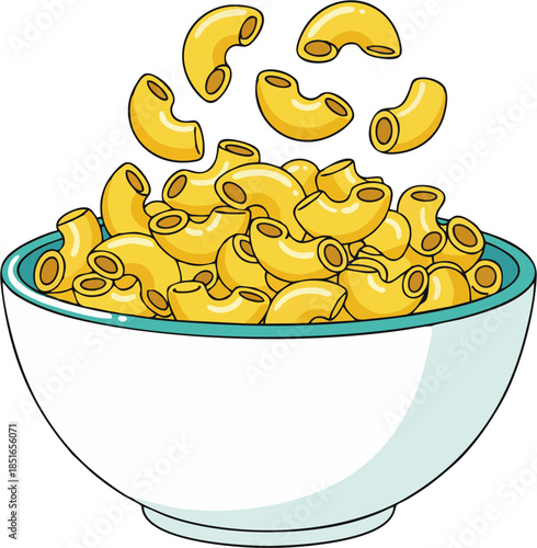 Bowl full of elbow macaroni pasta with pieces flying cartoon vector illustration