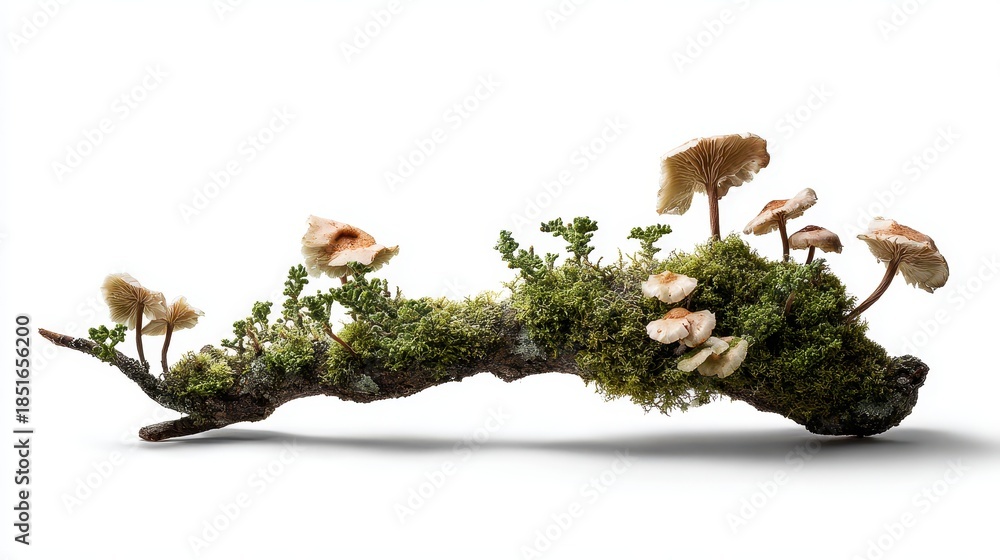 Fototapeta premium Mushrooms and moss grow on a branch at a forest floor during daylight hours in a natural setting