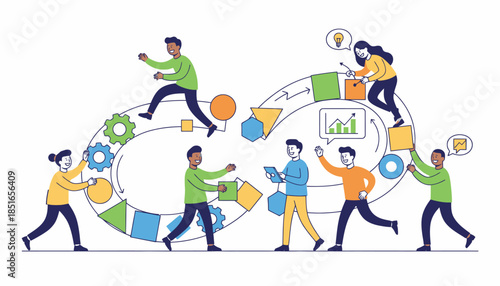 Collaborative Team Working on Continuous Process Workflow Diagram