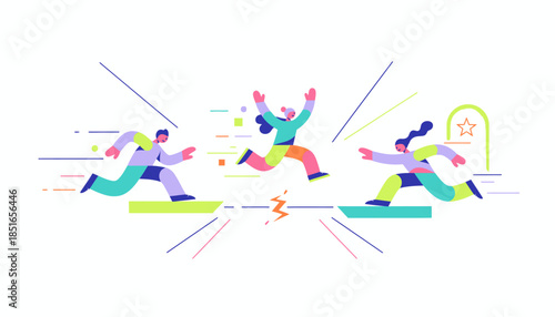 Dynamic Flat Illustration of People Running Race to Success