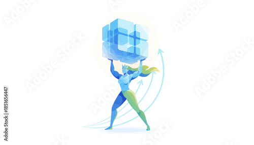 Heroic Woman Carrying Digital Cube Representing Growth and Data