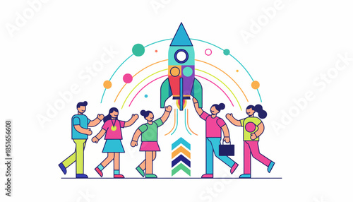 Team Launching Startup Rocket: Celebrating Successful Business Project.