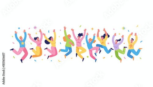 Happy group of diverse people jumping and celebrating success.