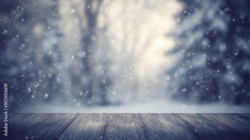 unanimity. Winter wooden surface with gentle snowfall, cold seasonal atmosphere. travel magazines, destination branding, designed for outdoor magazines and nature guides, inspires travel planning.