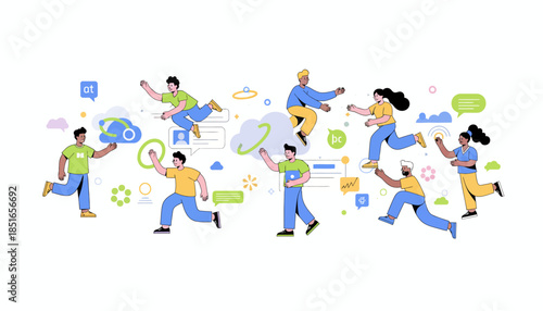 Diverse People Running, Connected by Cloud Technology and Data Network