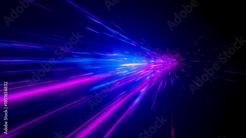Fast-moving blue and magenta light streaks converging toward bright point on dark background
