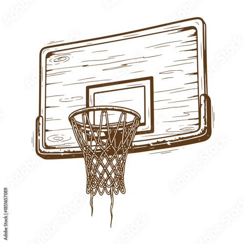 Artistic sketch vintage basketball hoop with net and wooden backboard isolated