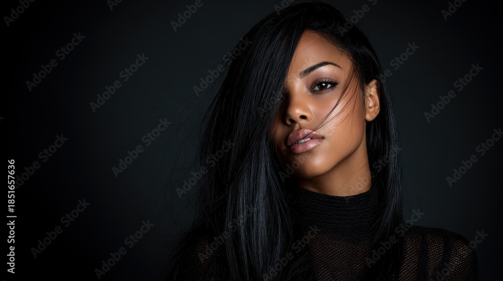 Fototapeta premium Close-up of a woman with long dark hair posing against a dark background in a studio setting during a photoshoot session