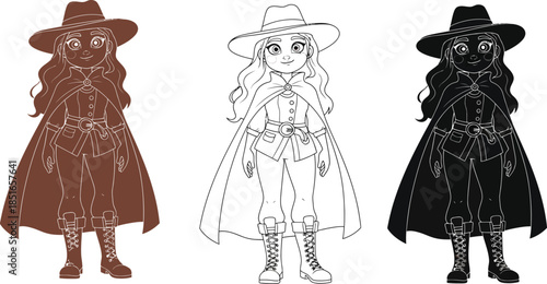 Three cartoon characters of a young girl in a cowboy hat and cape.