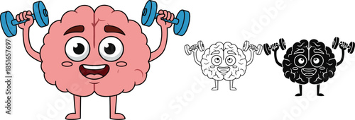 Cartoon brain character lifting weights to represent mental fitness and exercise.
