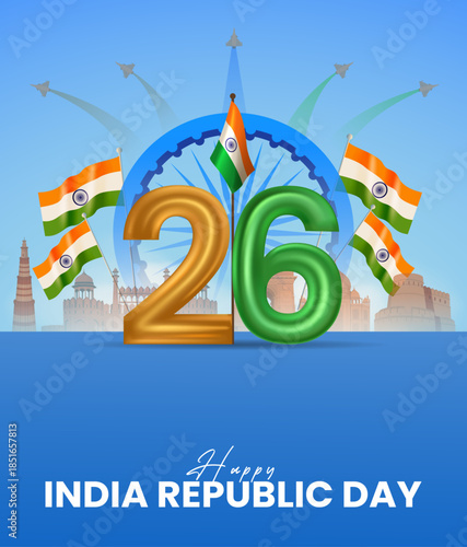 India Republic Day 26 January Poster with Tricolor Flags, Ashoka Chakra and Monument Silhouettes