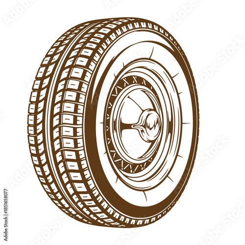 Classic car tire illustration in brown color isolated on a clean white background