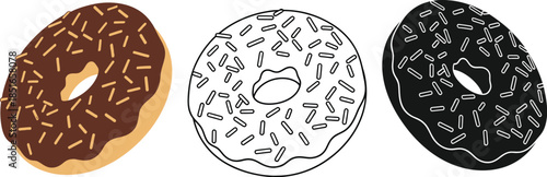 Three donuts with sprinkles are shown in different styles.