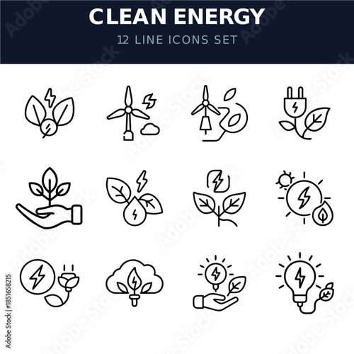 Clean Energy Line Icons Set. Renewable Green Power, Sustainable Technology, Eco-Friendly Outline Symbols for Environment, Wind, Solar, and Bioenergy Concepts.