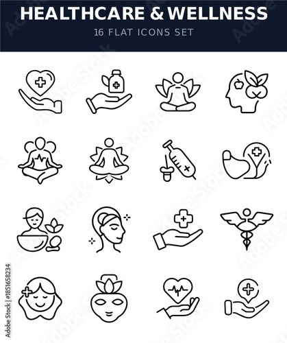 Healthcare and Wellness Flat Line Icons Set. Collection of Outline Symbols for Medical Services, Spa, Yoga, Meditation, and Health Technology Interface Design.